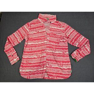 Columbia Pink/White Wave & Sailboat Button-Up Shirt Womens Large Linen Blend
